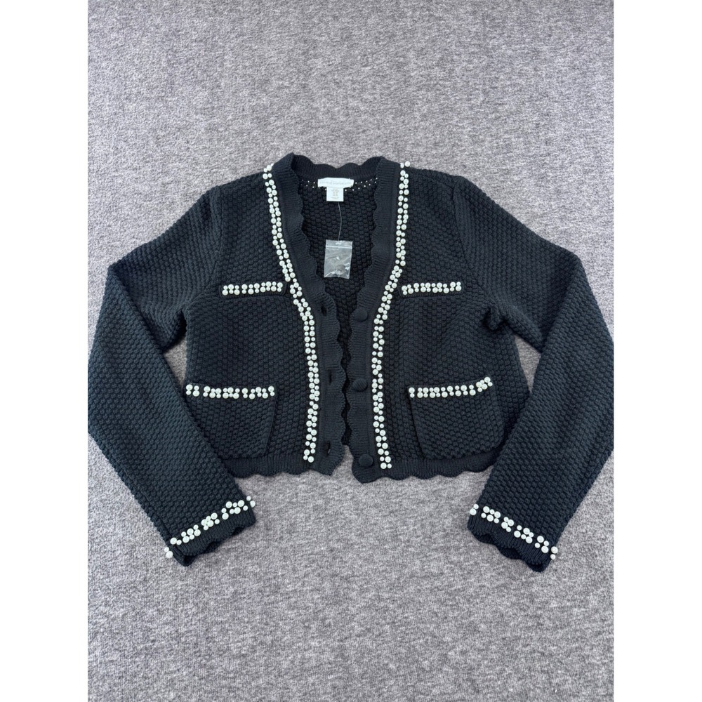 House of Harlow 1960 Black‎ Pearl Embellished Cropped Knit Cardigan Sweater
